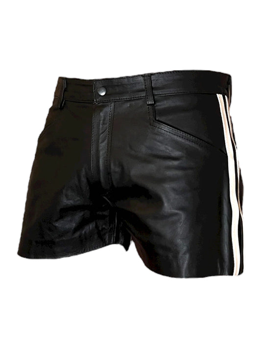 Shorts i äkta läder med vita revärer