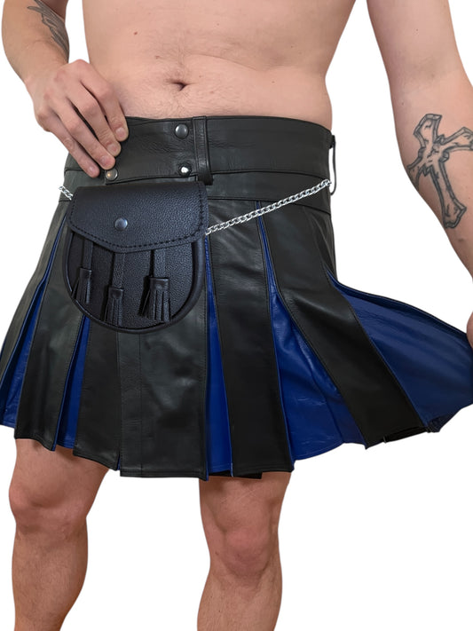 Läder kilt för män i svart och blått äkta skinn med tillhörande väska, BDSM och gay
