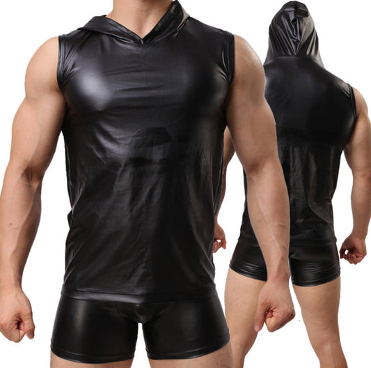 Black Vest with Hood in Black Synthetic Rubber
