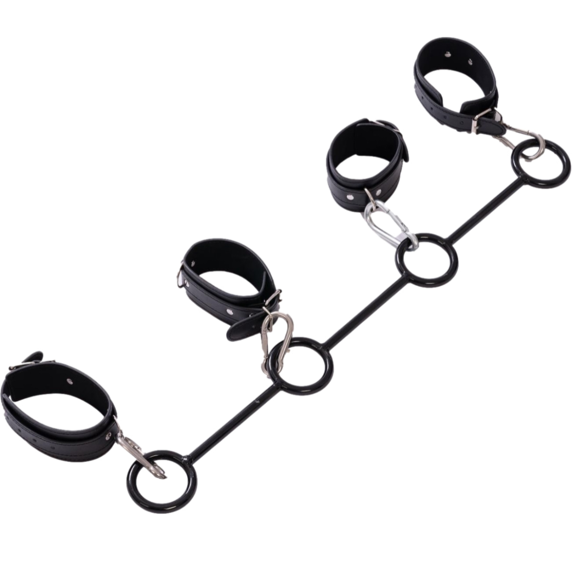 Spreaders, wrist cuffs and ankle cuffs in vegan leather attached to a leather covered metal rod with brass fasteners. An exciting sex aid and fetish sex toy.