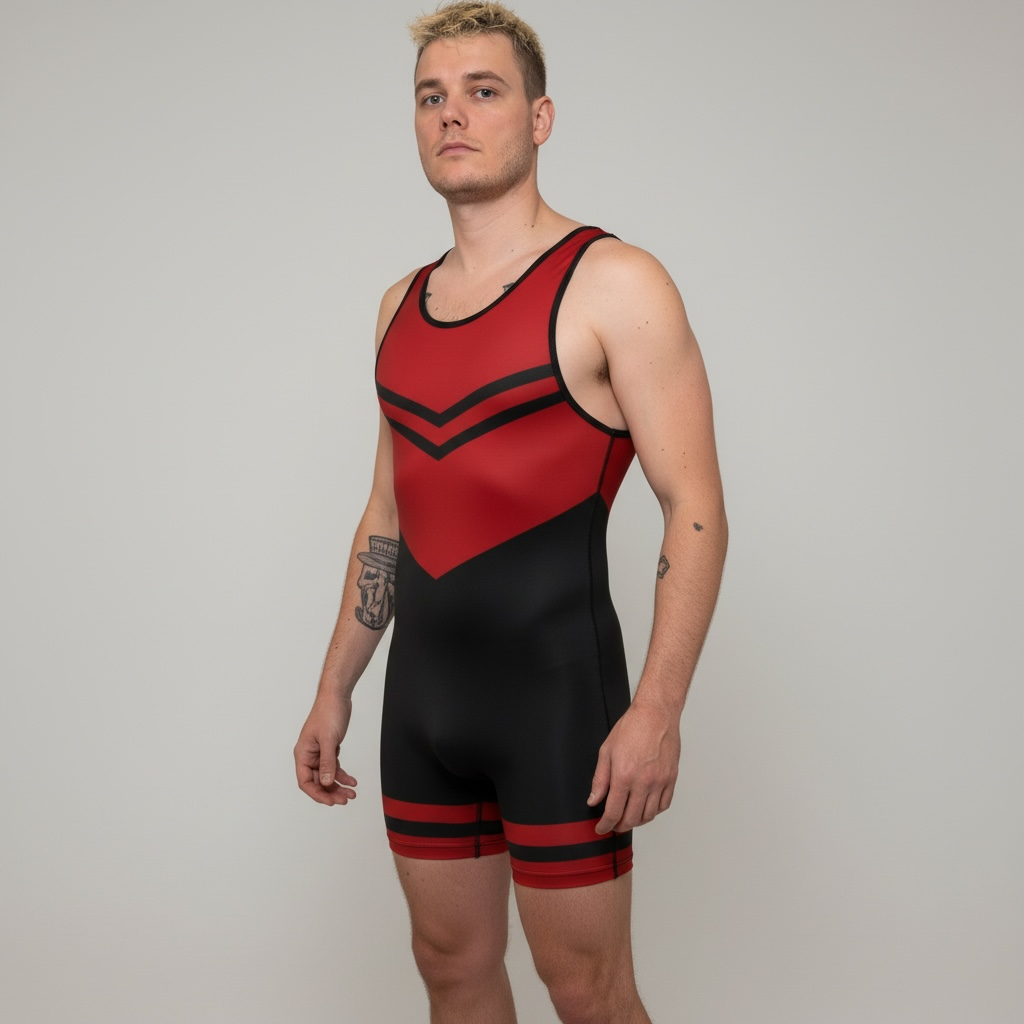 Dickfashion singlets – tyngdlyftnings- & brottardräkter i premiumkvalité, röd & svart