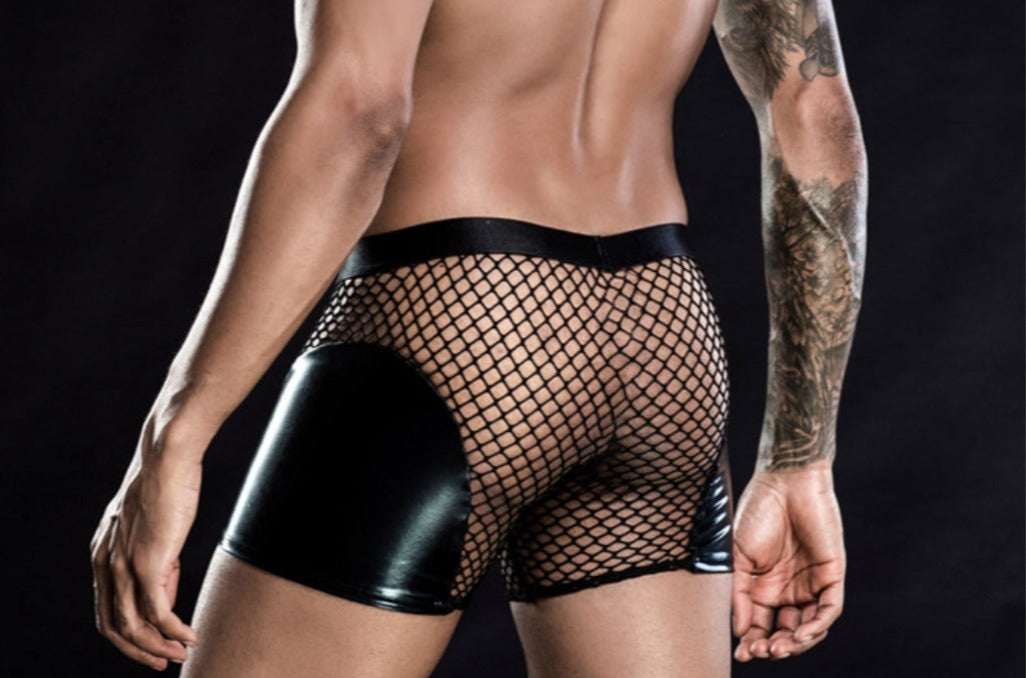 Upptäck våra nya svarta sexiga herrshorts, ett par snygga shorts i nät och gummisyntet