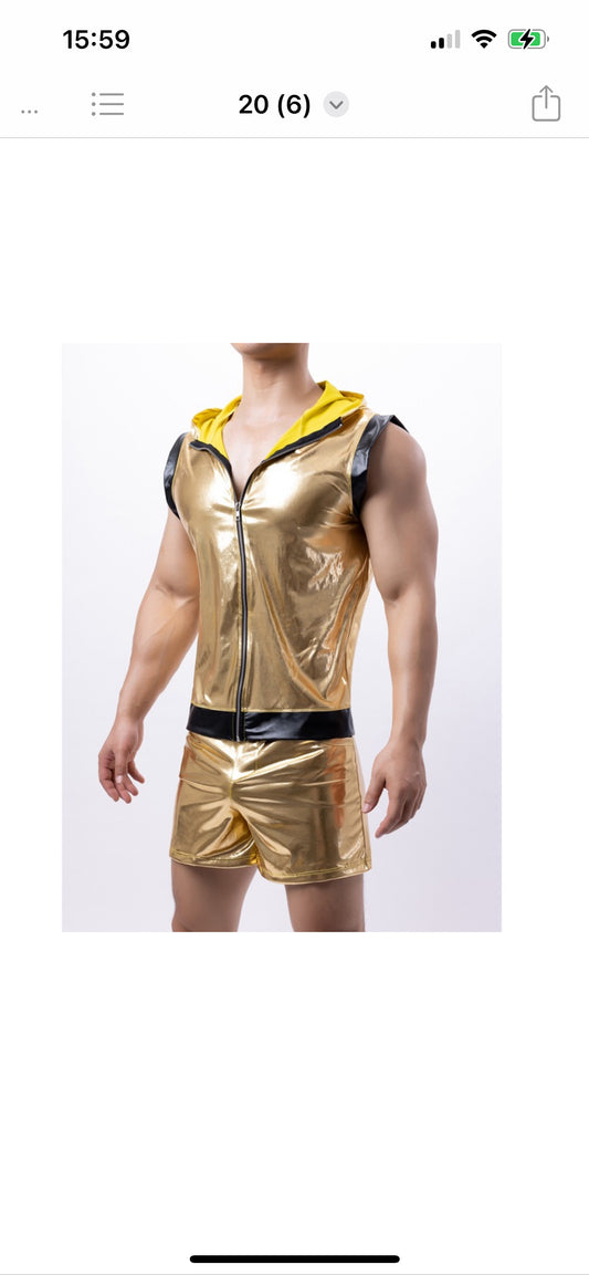 Gold-colored party set or party outfit, sleeveless hoodie and shorts in gold