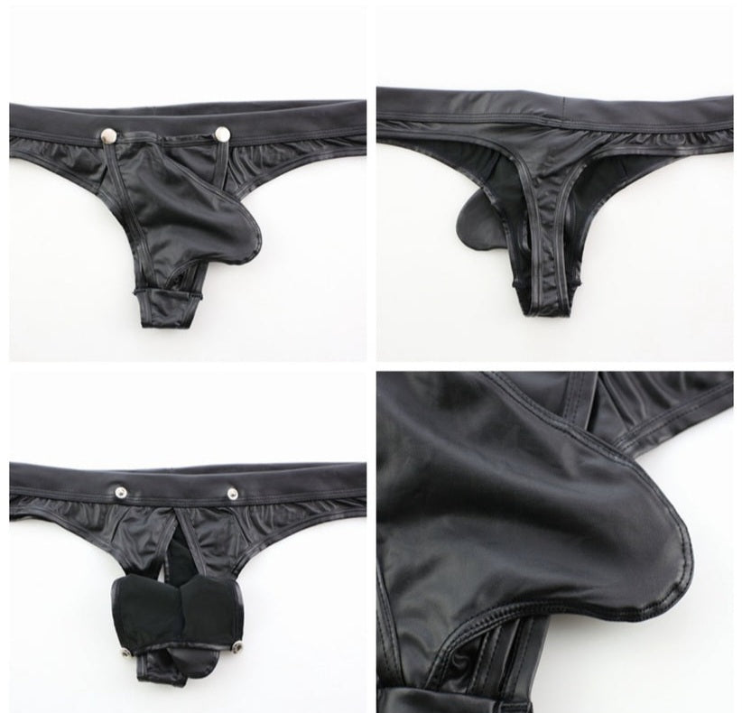 Black shiny and sexy rubber thongs, thongs or swimming trunks
