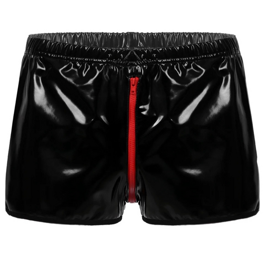 Entdecken Sie die schönen Shorts von Dickfashion, sexy und bequeme Shorts aus synthetischem Gummi mit einem roten Reißverschluss vorne und hinten
