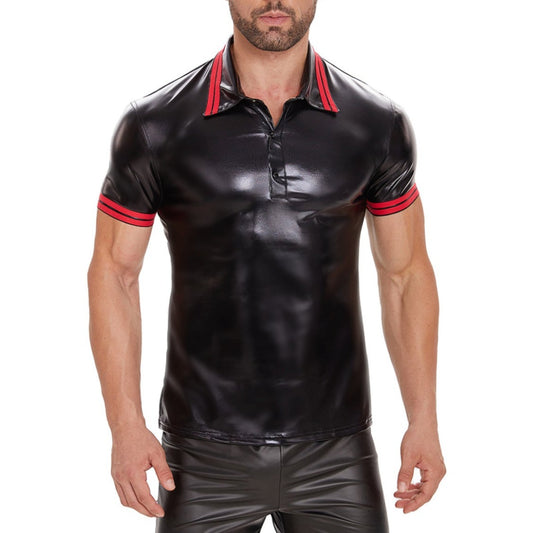 Rubber pique, sexy and comfortable black shirt with red collar in synthetic rubber