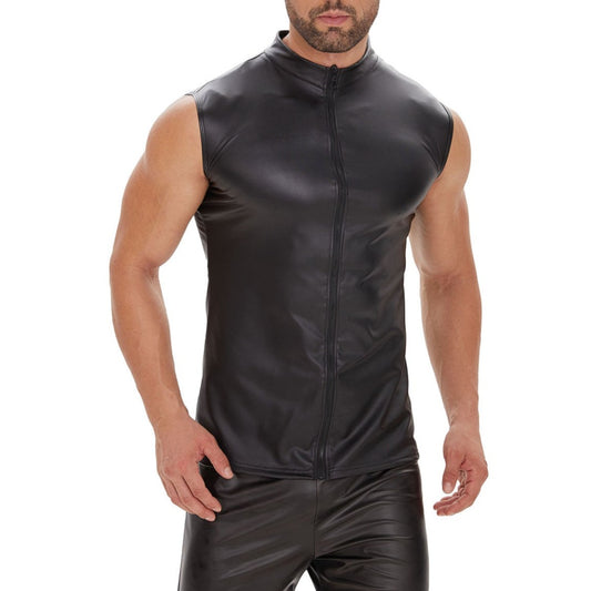 Chaleco negro de goma o camiseta sin mangas que se puede abrir en goma sintética con cremallera