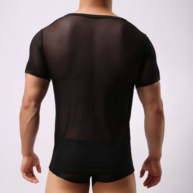 Semi-transparent black mesh shirt.