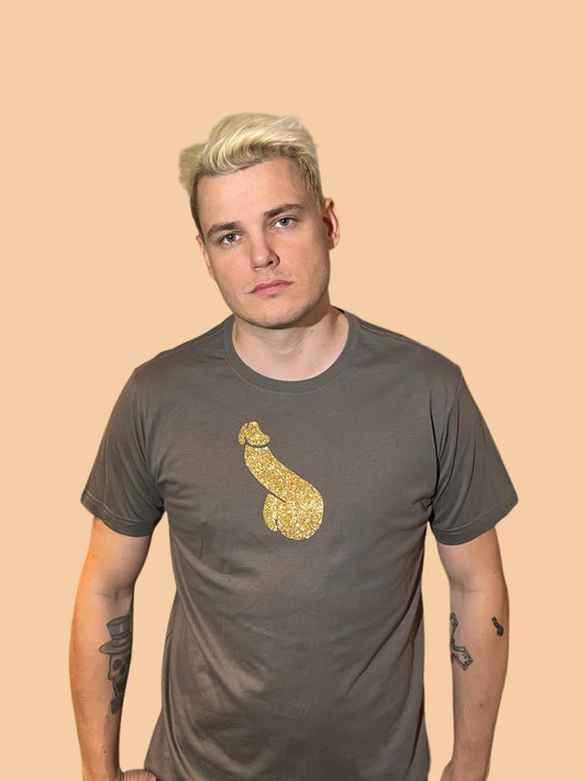 T-shirt med tryck, guldglitter dick