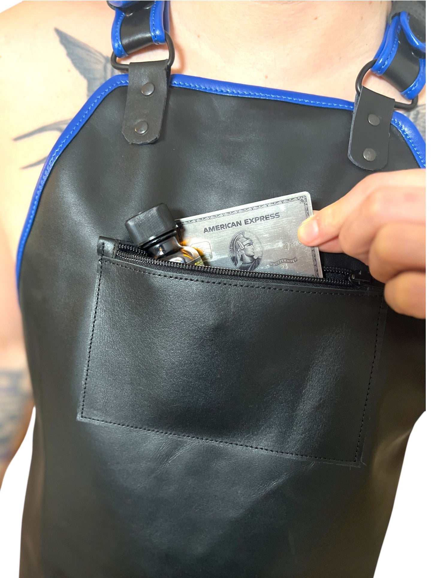 Läder förkläde för män med blå detaljer