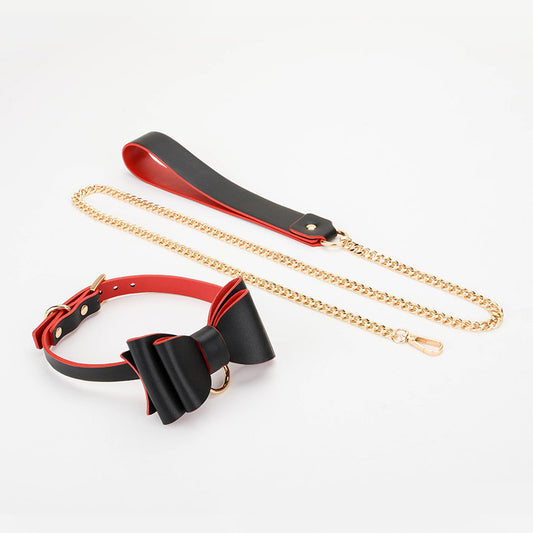 Leash, collar in red vegan leather with bow
