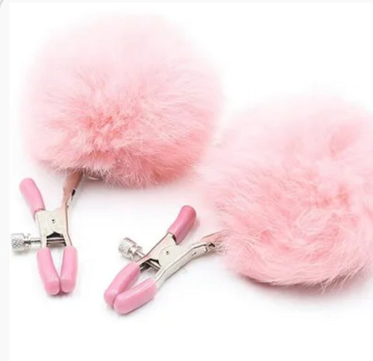 Pink furry and fluffy nipple clamps