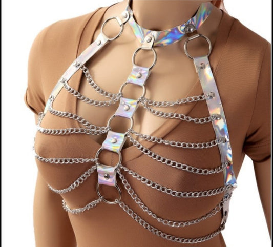 Harness i holographic med kedjor i silver, blått, guld eller rosa