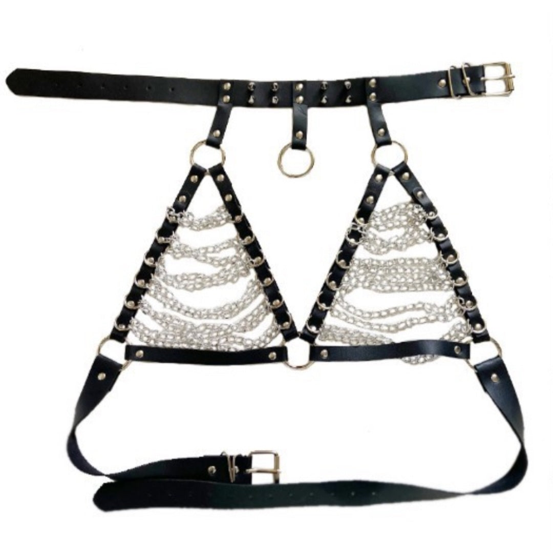 Arnés de dos piezas con cadenas para mujer o unisex. Se incluyen tanto el arnés de pecho como el arnés de cintura.