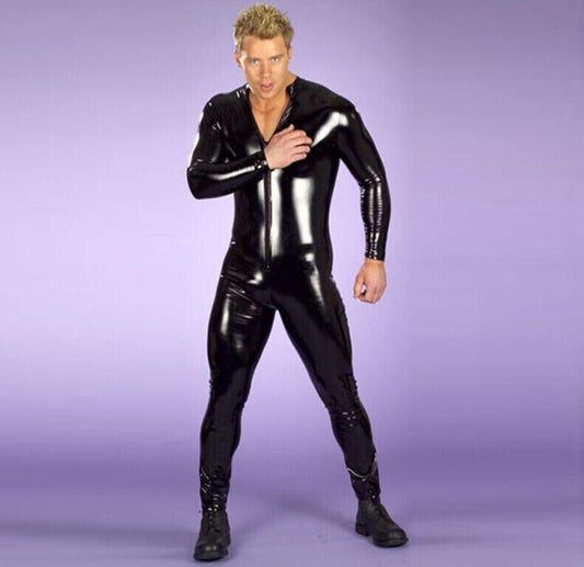 Lacquer suit or jumpsuit in synthetic rubber.