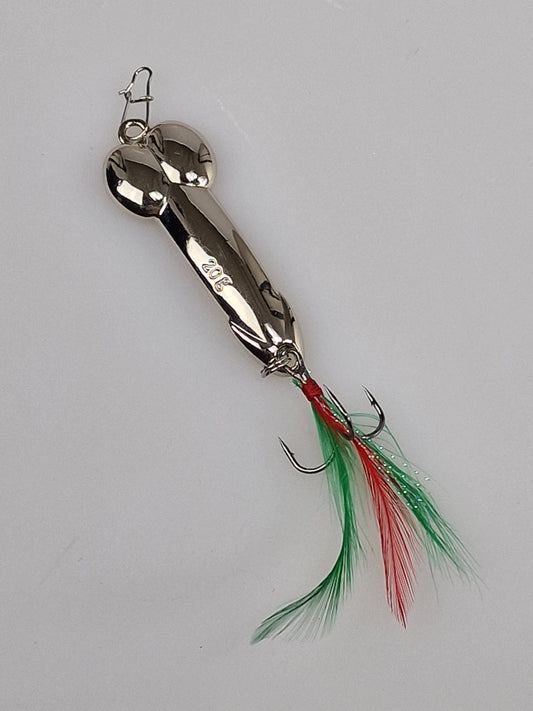Fishing lure with feathers and penis shape in silver color three sizes