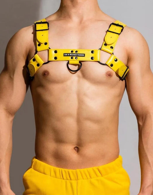 Yellow bulldog harness with black details