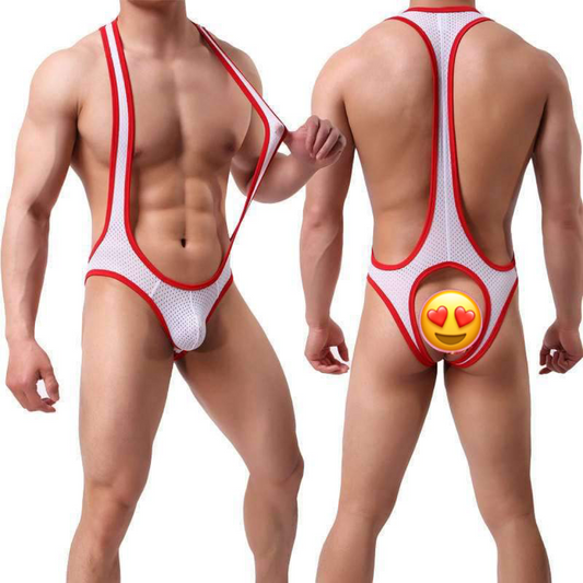 Stylish singlets or wrestling costumes with bare bottoms. Available in many colors.