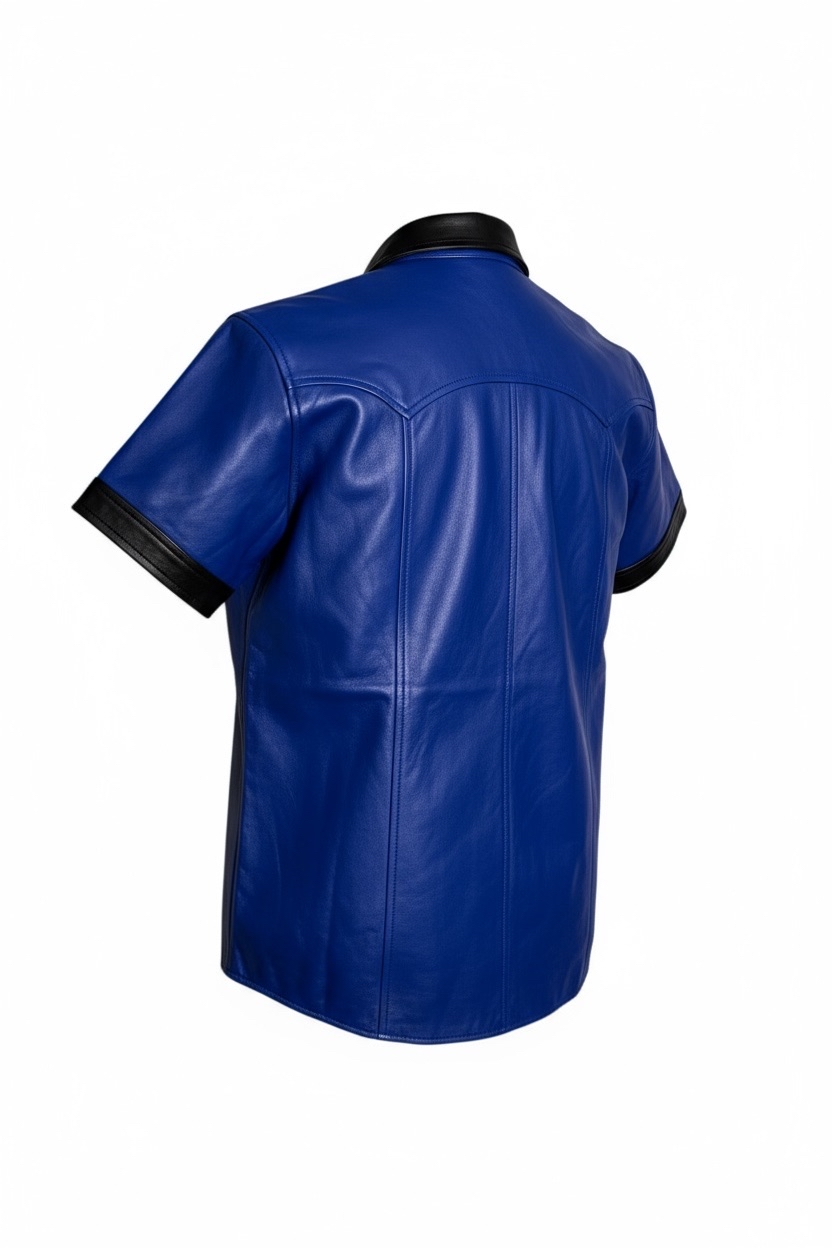 Läderskjorta, skinnskjorta, blå med svarta detaljer