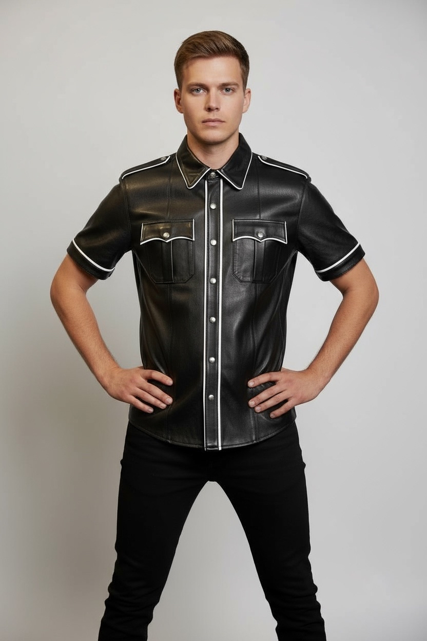 Läderskjorta, skinnskjorta, svart med vita detaljer