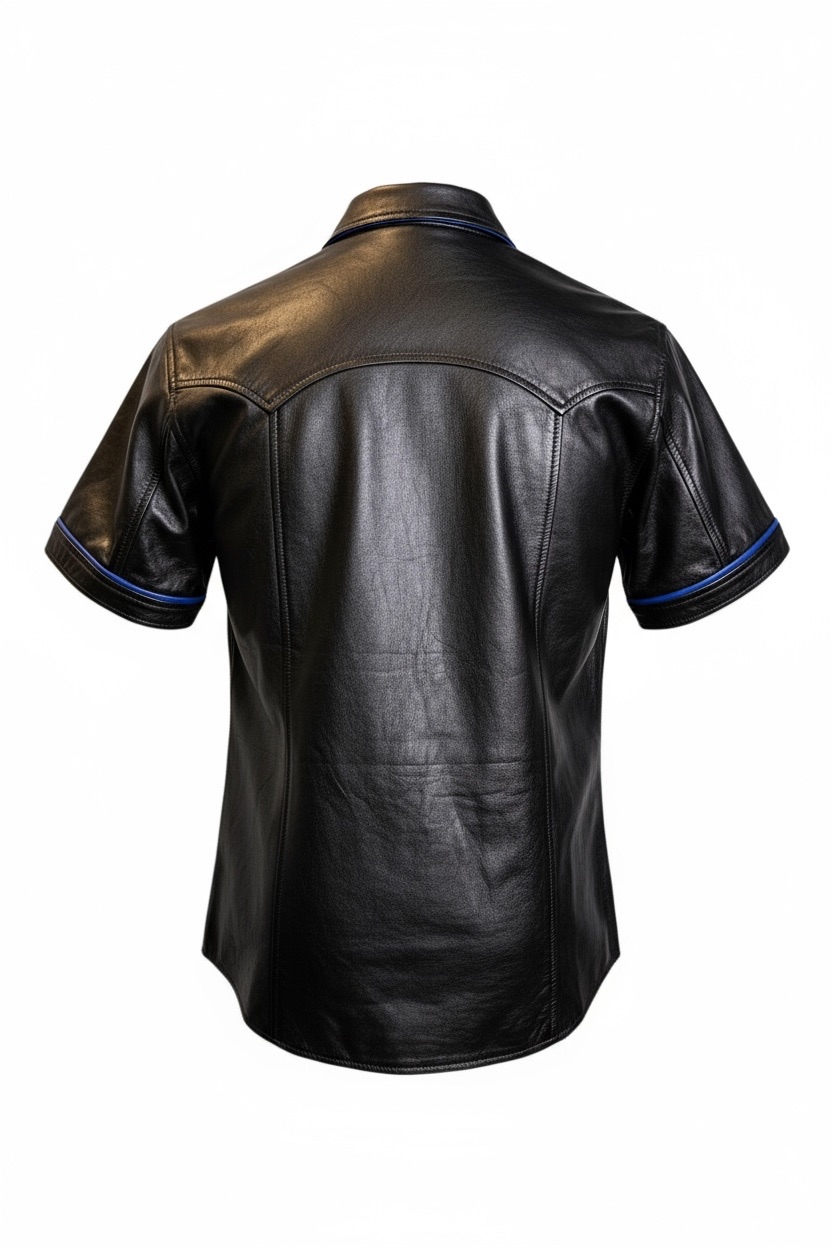 Läderskjorta, skinnskjorta, svart med blå detaljer