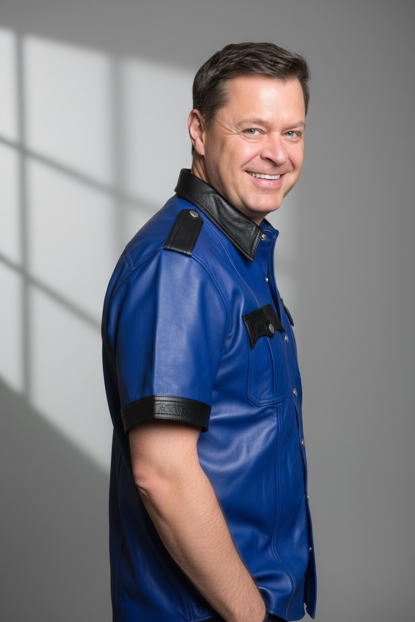 Läderskjorta, skinnskjorta, blå med svarta detaljer