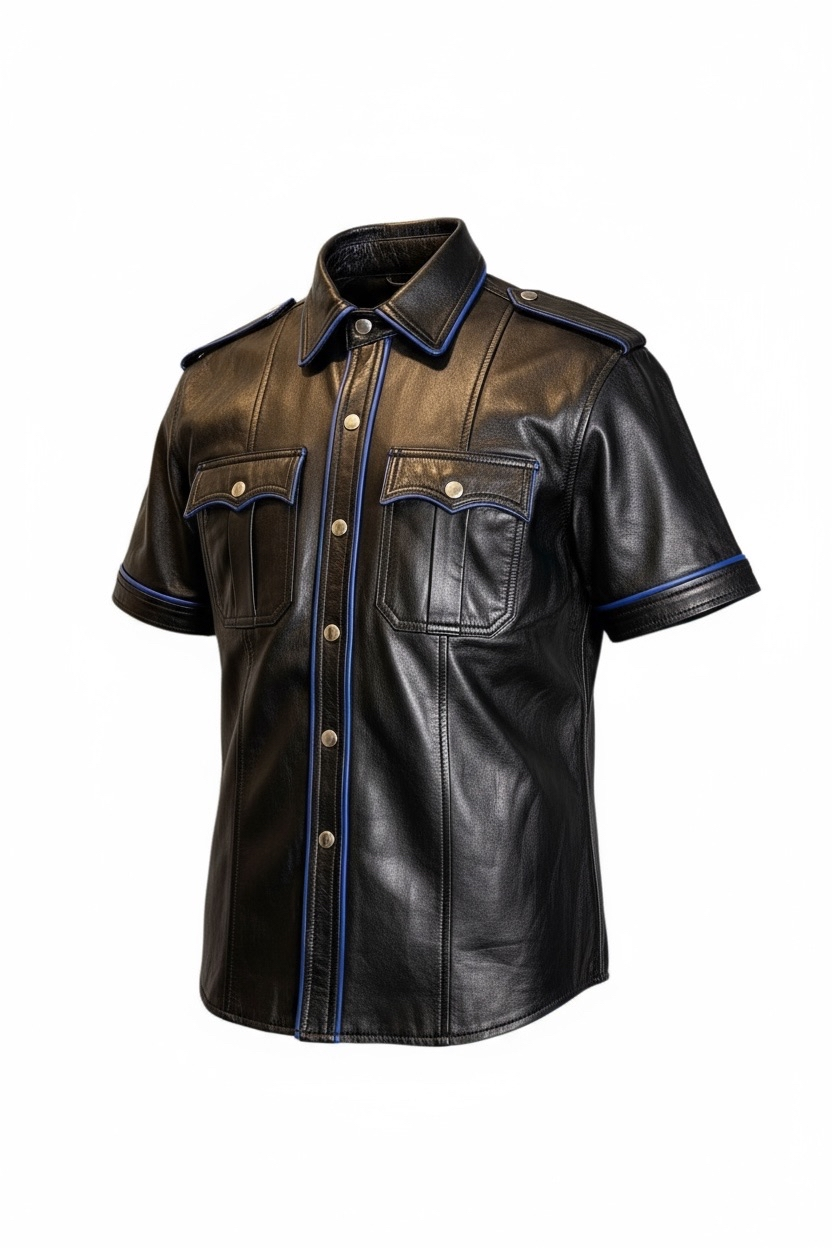 Läderskjorta, skinnskjorta, svart med blå detaljer