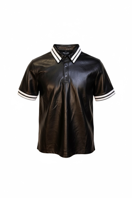 Läderskjorta, skinnskjorta, pikétröja svart med vita detaljer