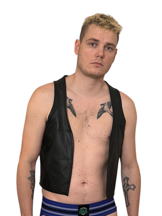 Mens bar vest i äkta läder, svart skinnväst