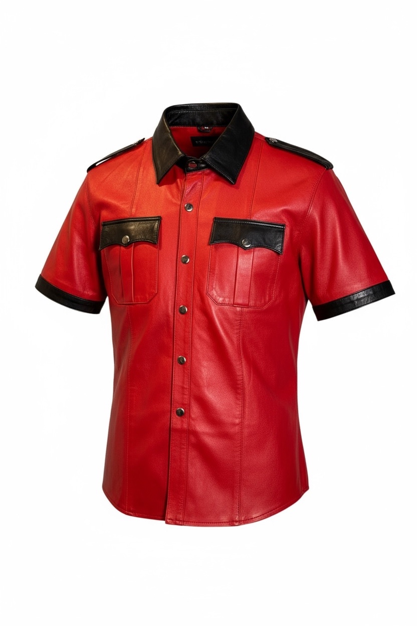 Läderskjorta, skinnskjorta, röd och svart