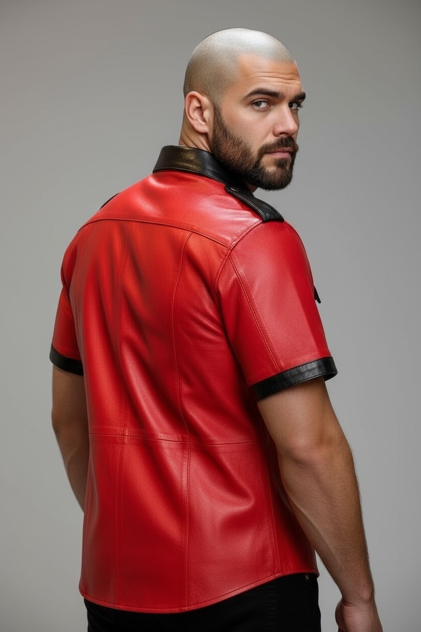 Läderskjorta, skinnskjorta, röd och svart