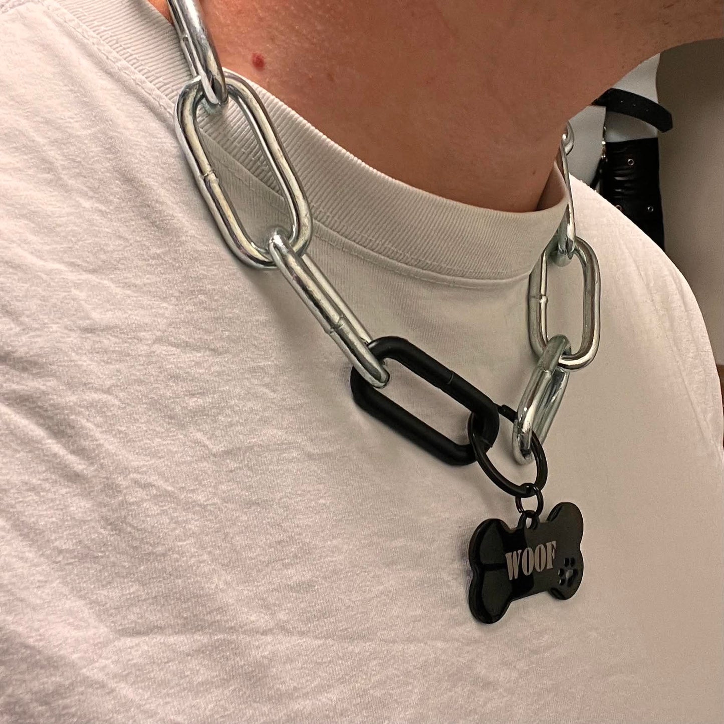 Halsband, tjock kedja, med ben för valpar som gillar puppy play med texterna, good boy, WOOF eller puppy