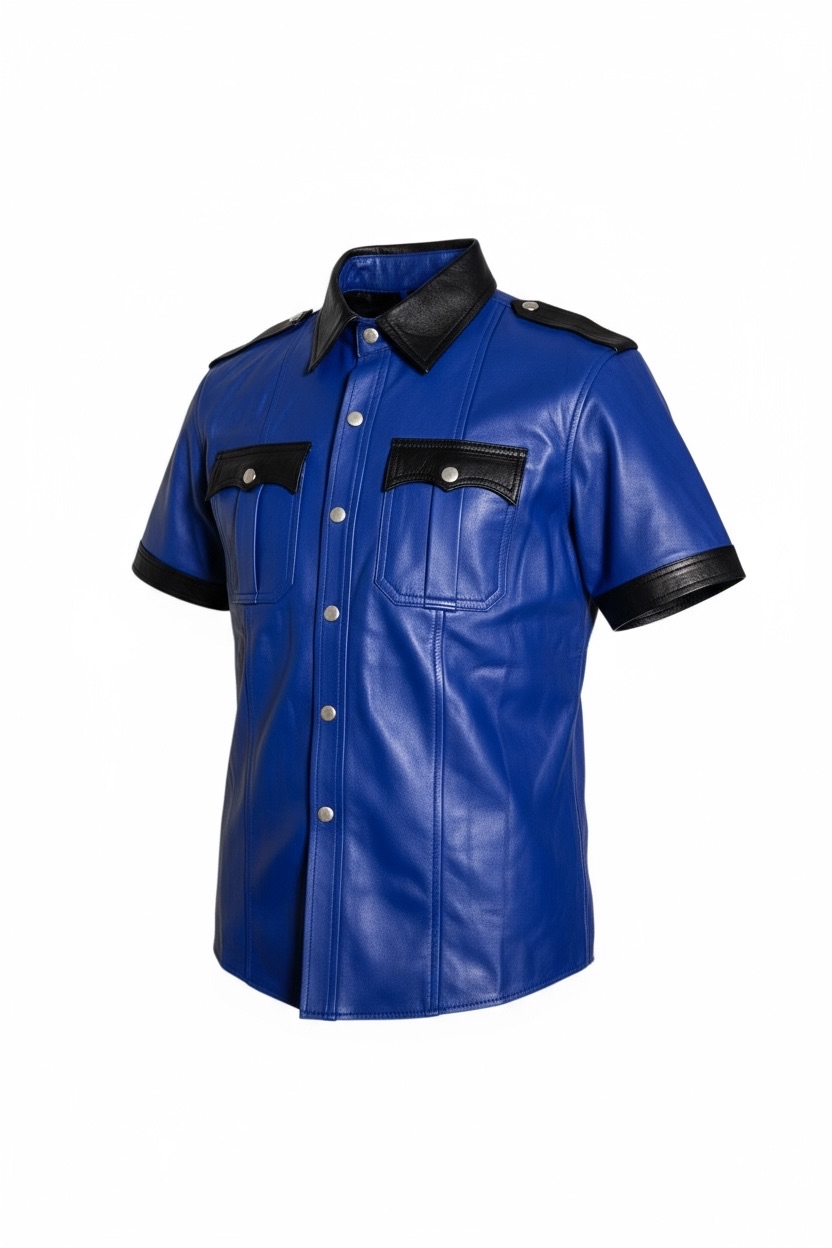 Läderskjorta, skinnskjorta, blå med svarta detaljer