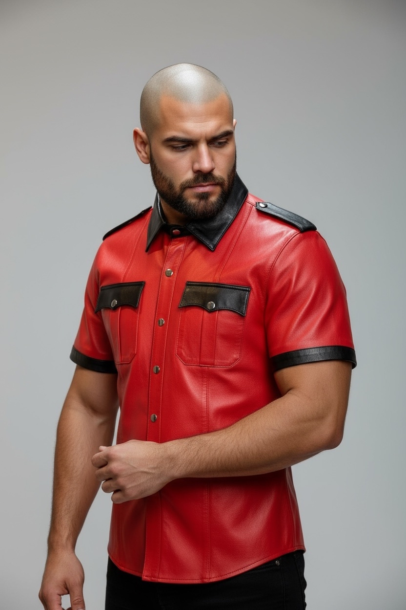 Läderskjorta, skinnskjorta, röd och svart