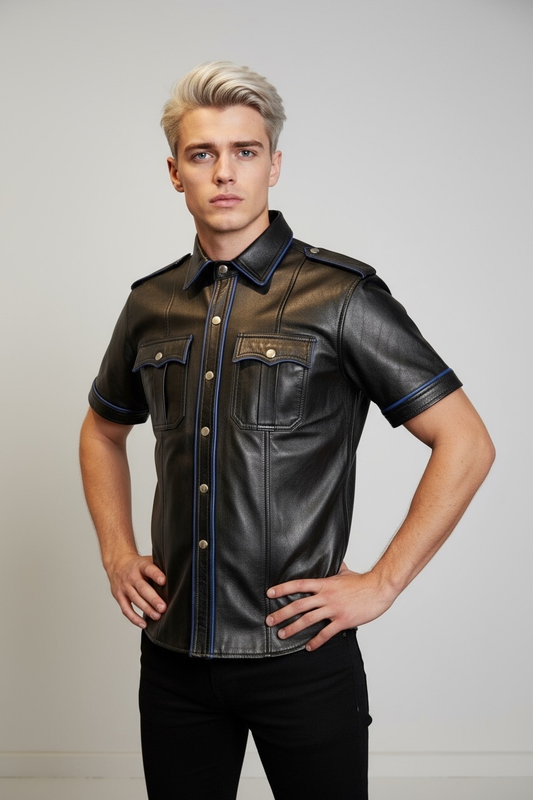 Läderskjorta, skinnskjorta, svart med blå detaljer