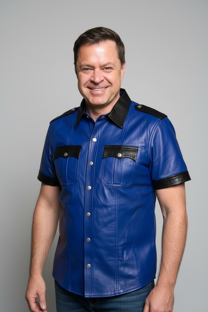 Läderskjorta, skinnskjorta, blå med svarta detaljer