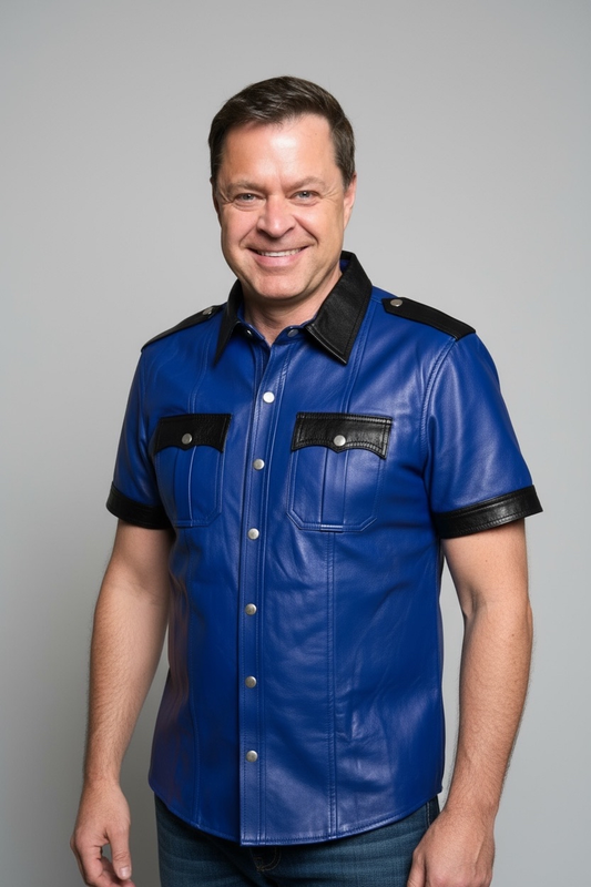 Läderskjorta, skinnskjorta, blå med svarta detaljer