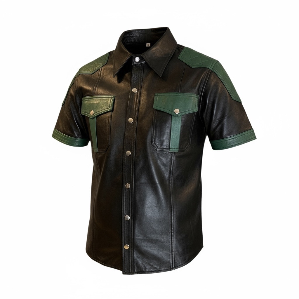 Läderskjorta, skinnskjorta, quiltade axlar, svart med gröna detaljer