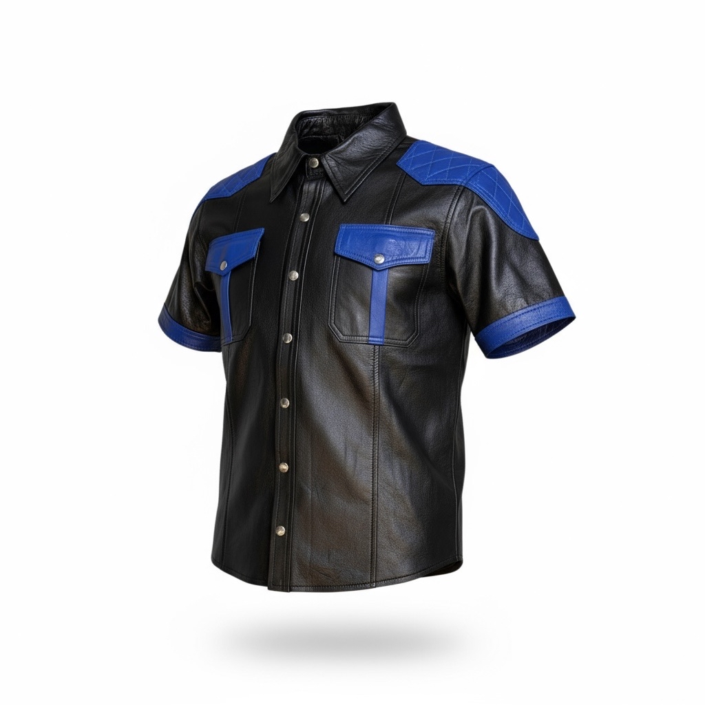 Läderskjorta, skinnskjorta, quiltade axlar, svart med blå detaljer