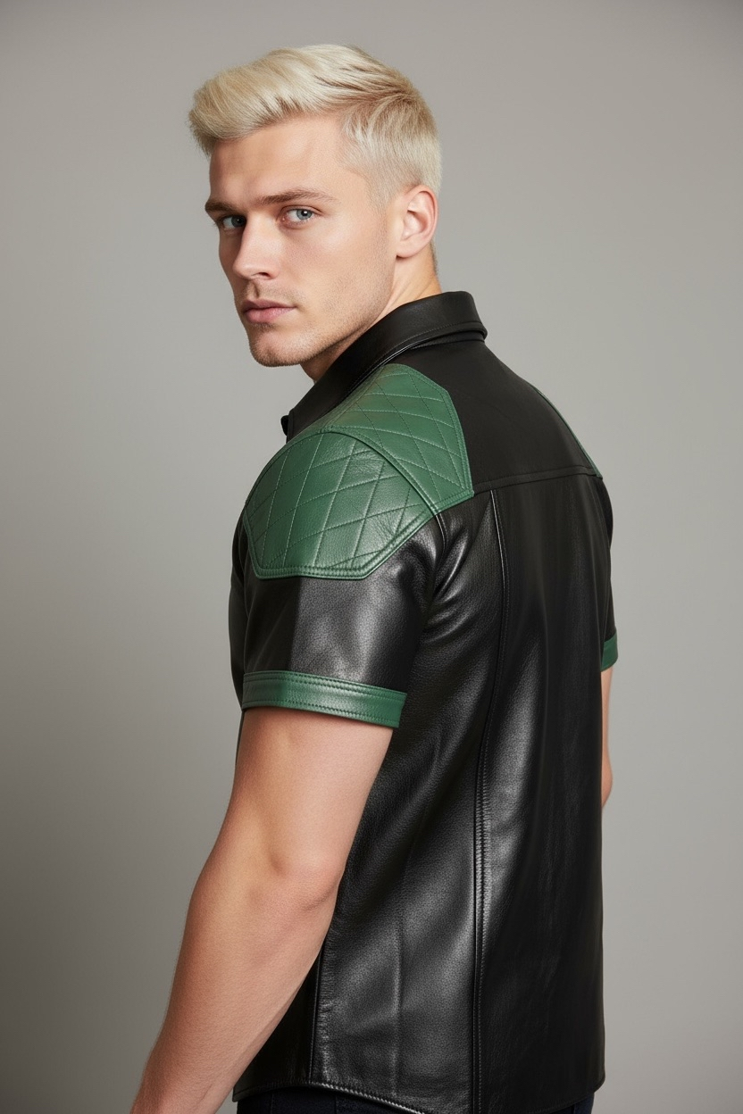 Läderskjorta, skinnskjorta, quiltade axlar, svart med gröna detaljer