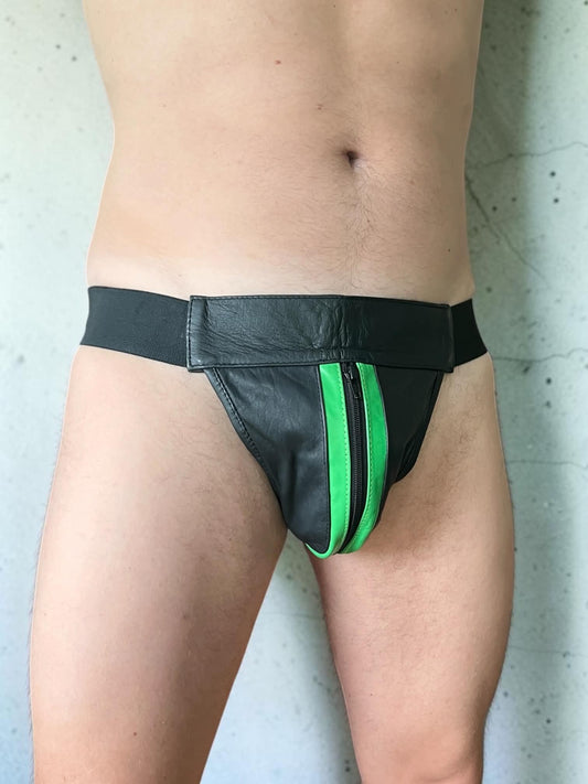Jockstrap i läder, svart och klargrön