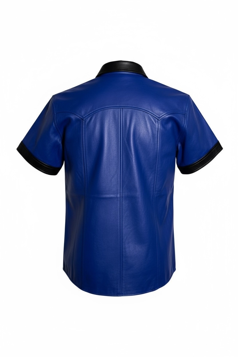 Läderskjorta, skinnskjorta, blå med svarta detaljer