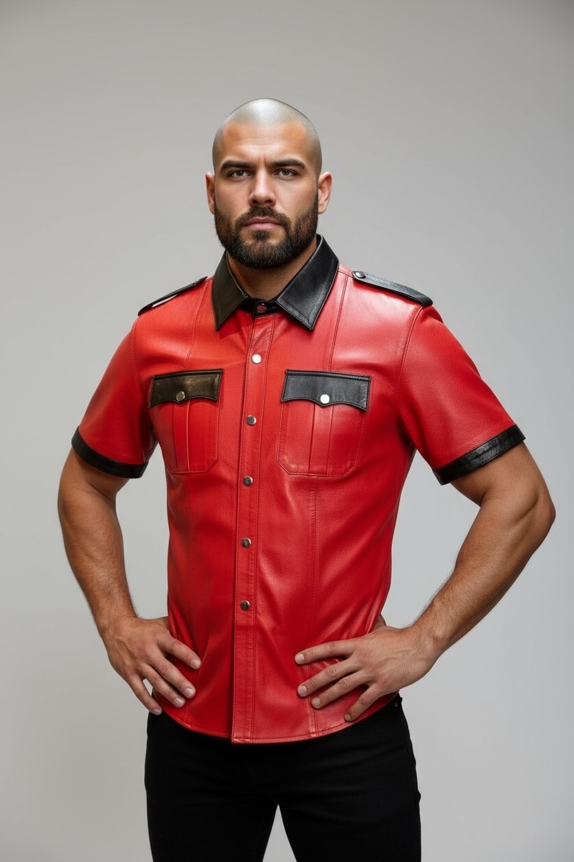 Läderskjorta, skinnskjorta, röd och svart