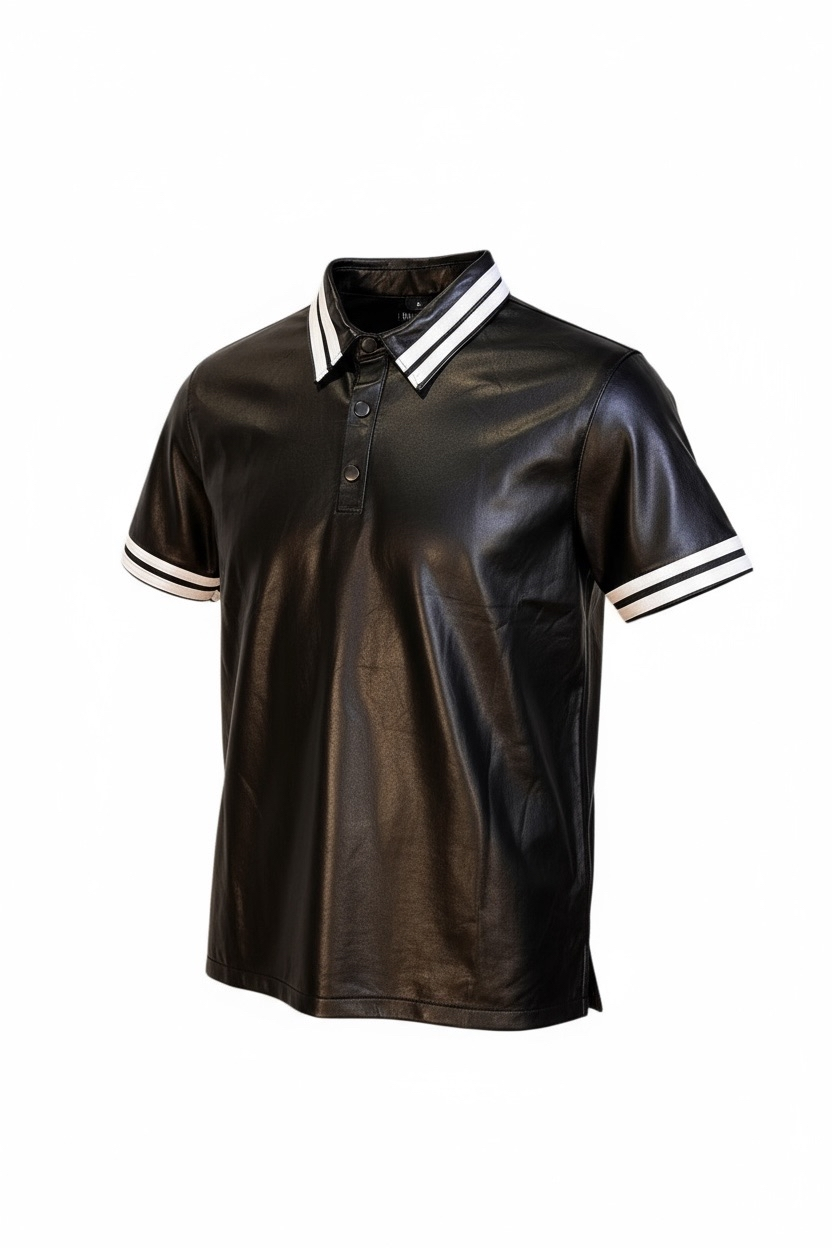 Läderskjorta, skinnskjorta, pikétröja svart med vita detaljer