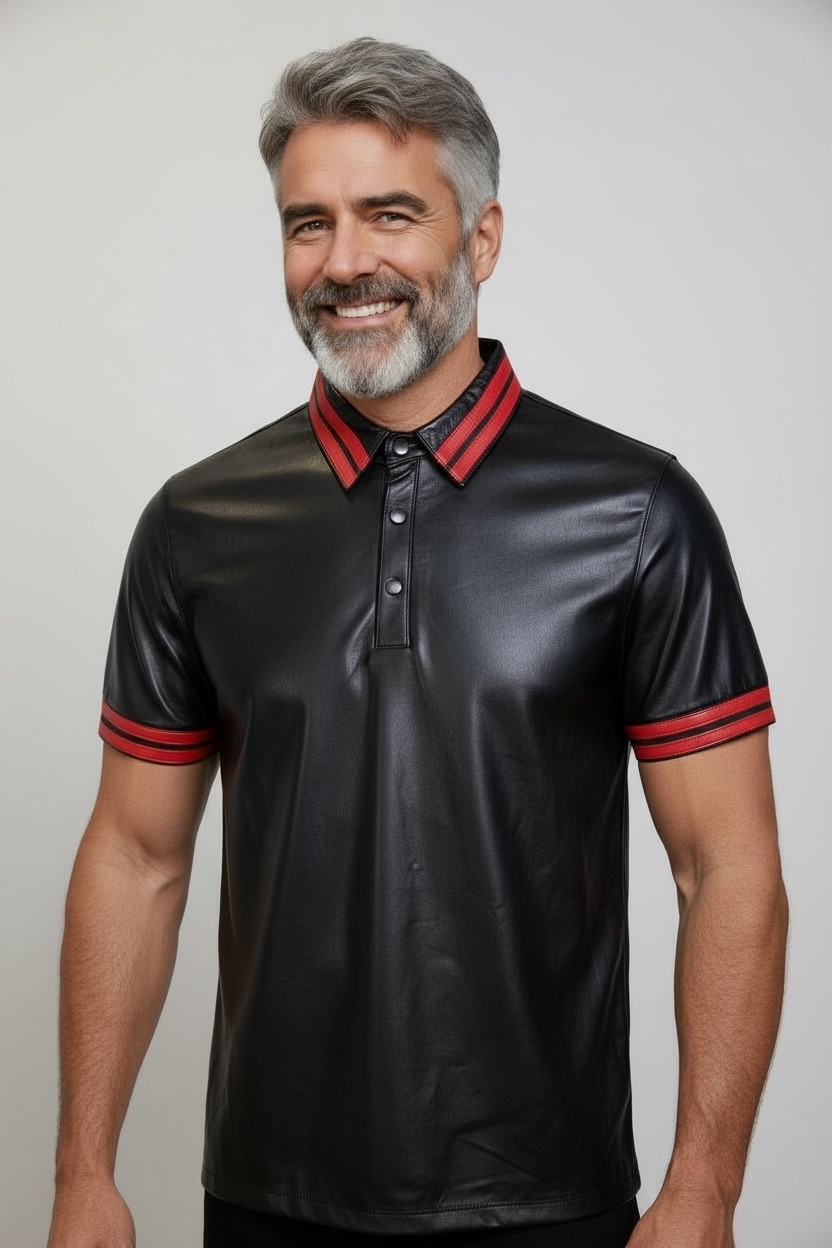 Läderskjorta, skinnskjorta, pikétröja svart med röda detaljer