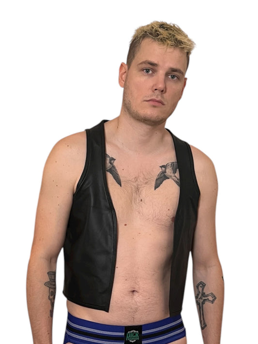 Mens bar vest i äkta läder, svart/blå skinnväst