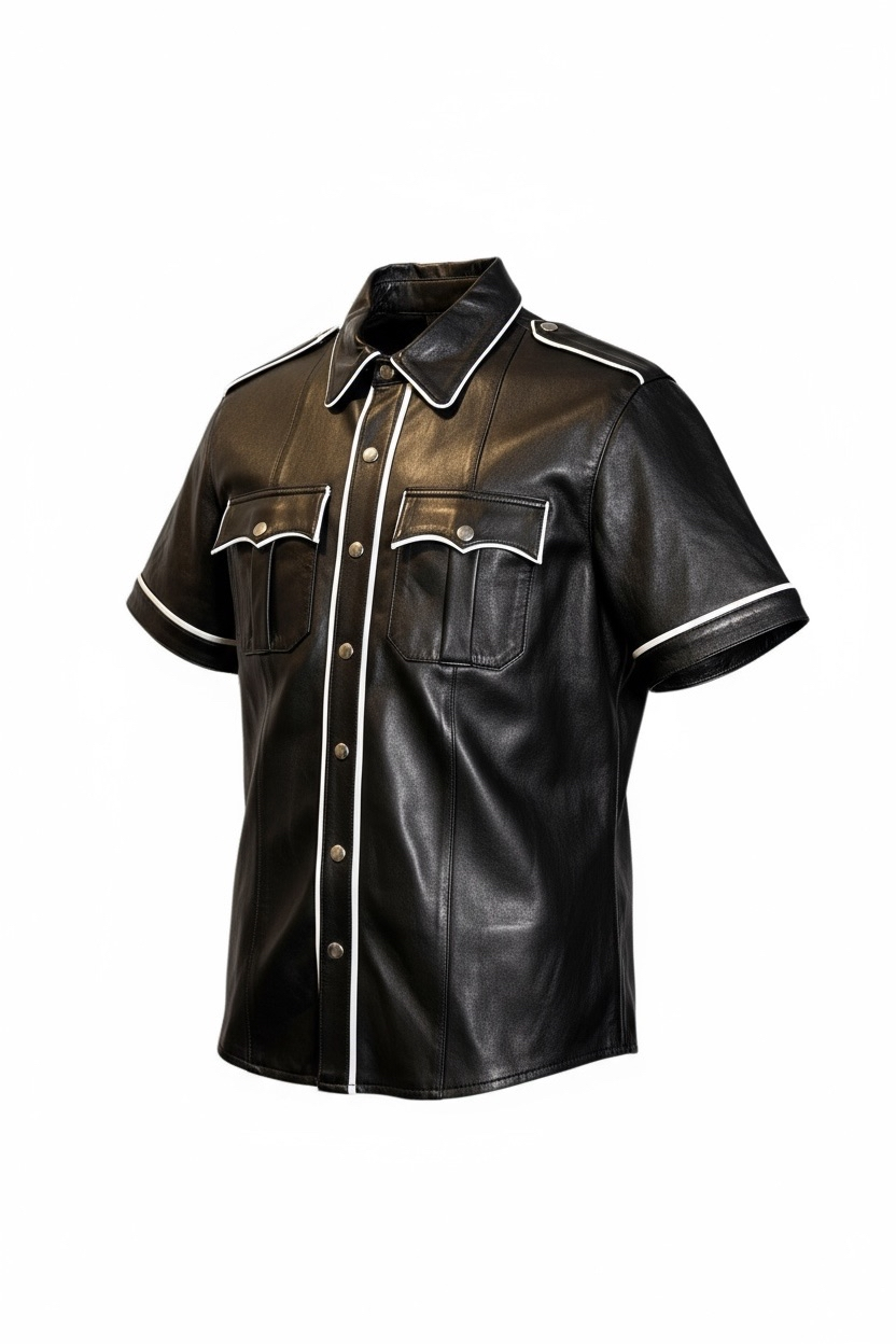 Läderskjorta, skinnskjorta, svart med vita detaljer