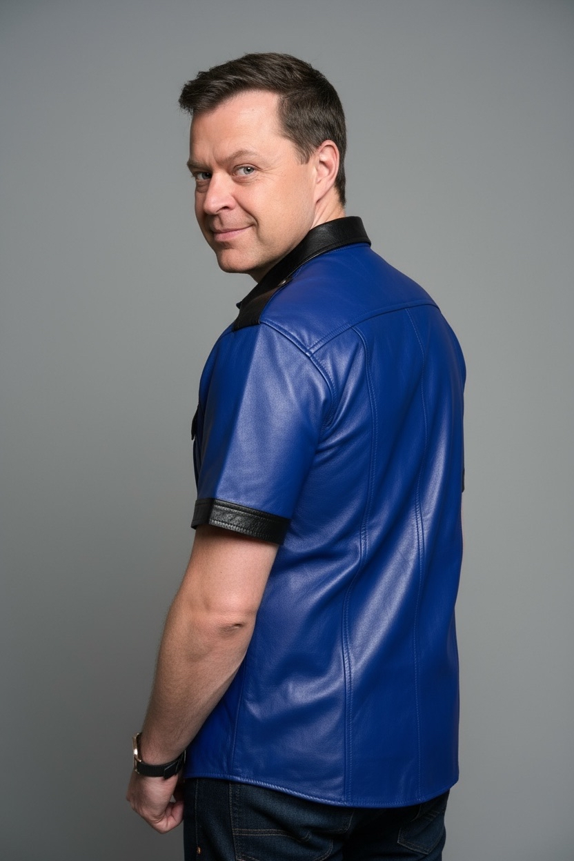 Läderskjorta, skinnskjorta, blå med svarta detaljer