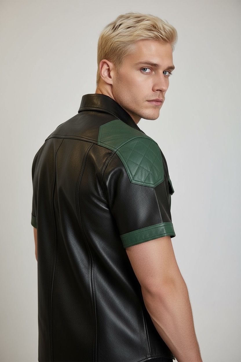 Läderskjorta, skinnskjorta, quiltade axlar, svart med gröna detaljer