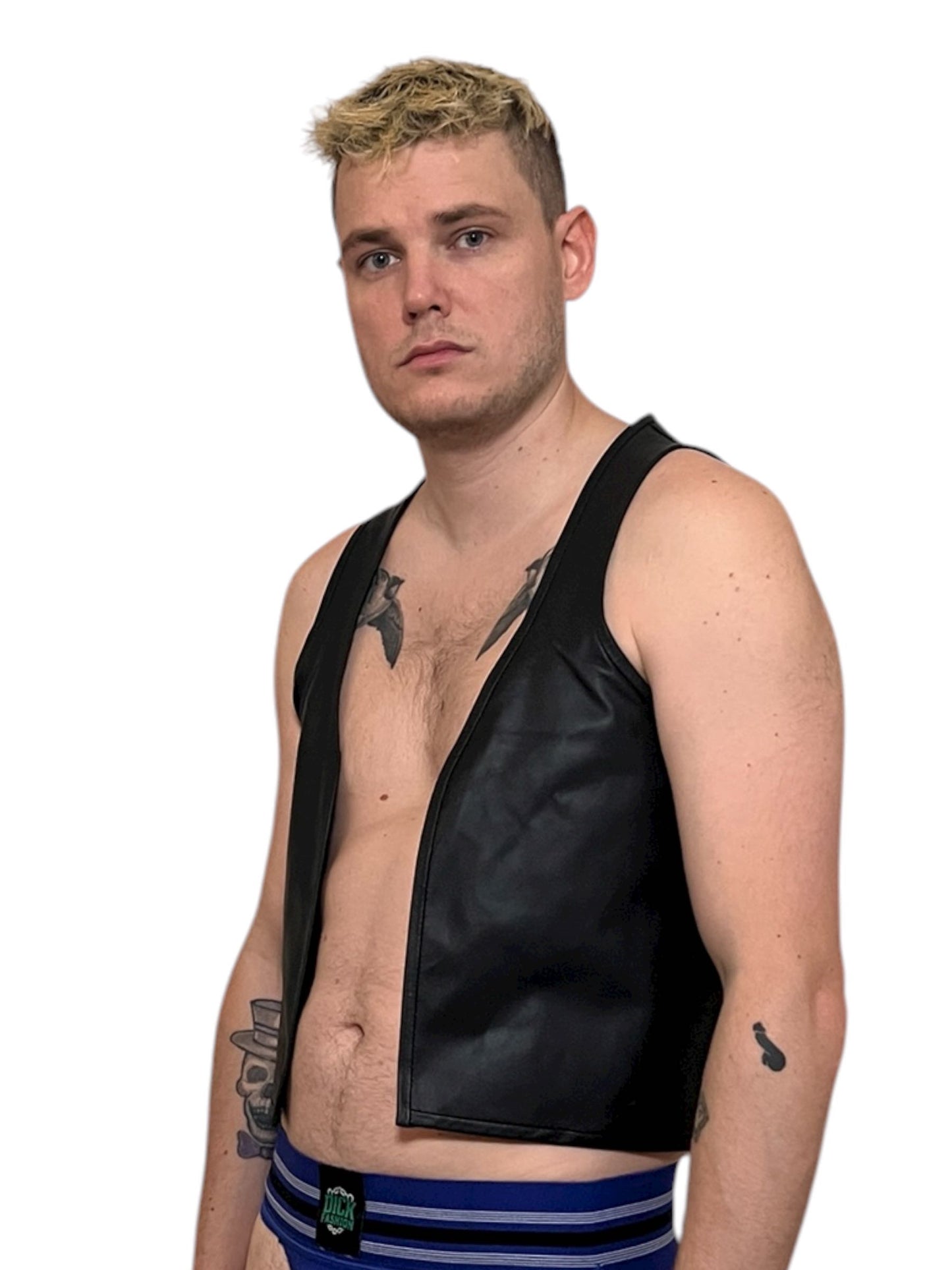 Mens bar vest i äkta läder, svart skinnväst